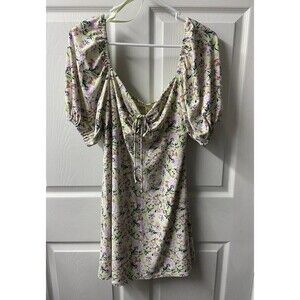 Bebop Sweetheart Off the Shoulder Dress Womens Large Green Floral Puff Sleeve